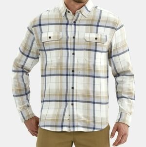 George Button Down Blue Winter White Tan Plaid Men's Flannel Shirt - Size: 3XL
